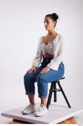 Whole Body Woman White Casual Slim Sitting Studio photo references